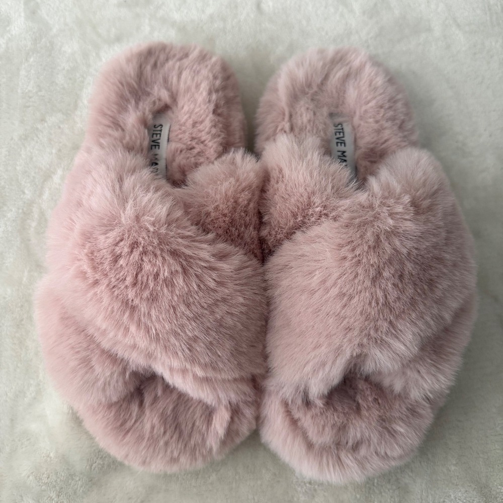 Steve Madden Slippers Pink Faux Fur Fluffy Slides Coquette Small Size 5 Size 6 - Picture 3 of 10